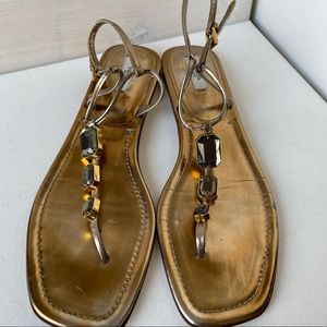 PRADA Metallic Gold Leather Smoky Gray Jeweled T-Strap Flat Sandals size 41
